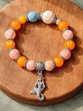 Handmade Orange Jade And Fire Agate Bracelet With Large Pearl And Mermaid Accent